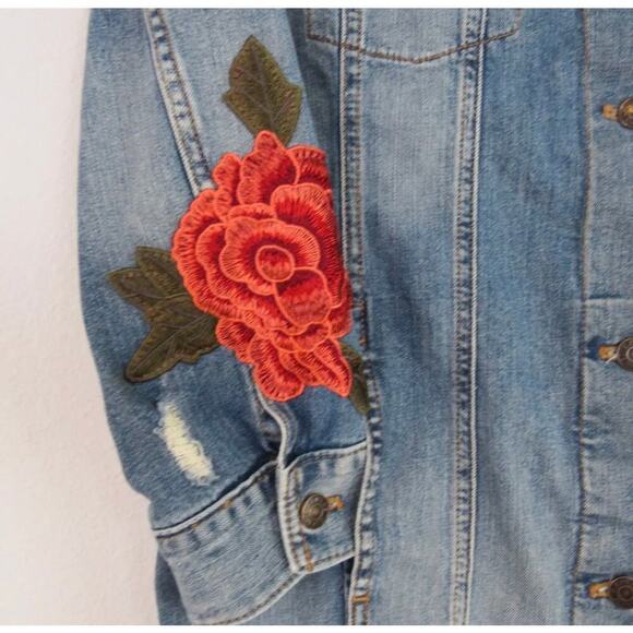 Express Distressed Blue Denim Rose Embroidered Jacket - S/XS - Picture 4 of 11